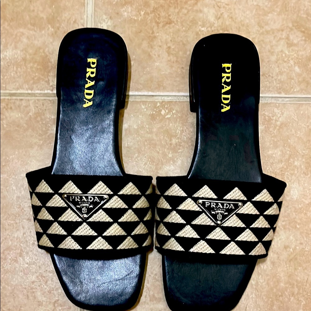 Prada Black and Cream Women's Slide Sandals